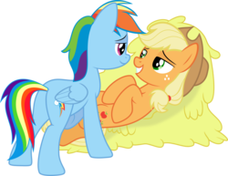 Size: 1600x1232 | Tagged: safe, artist:daydreamsyndrom, applejack, rainbow dash, pegasus, pony, g4, bedroom eyes, butt, female, hay, lesbian, mare, on back, plot, ship:appledash, shipping, show accurate, simple background, transparent background, vector