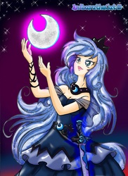 Size: 1100x1512 | Tagged: safe, artist:anibaruthecat, princess luna, human, g4, cleavage, female, humanized, mammy, moon, solo, sword