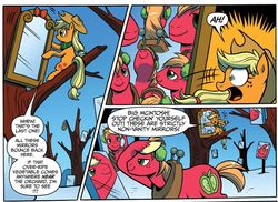 Size: 1009x733 | Tagged: safe, idw, official comic, applejack, big macintosh, earth pony, pony, g4, micro-series #6, my little pony micro-series, spoiler:comic, brother and sister, comic, cropped, duo, female, male, mare, mirror, siblings, speech bubble, stallion, vanity