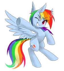Size: 450x500 | Tagged: safe, artist:30clock, rainbow dash, pegasus, pony, g4, bipedal, female, hoofbump, mare, pointing, simple background, solo, white background, wink