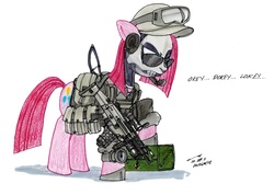 Size: 800x569 | Tagged: safe, artist:buckweiser, pinkie pie, g4, aimpoint, female, fn scar, gun, military, pinkamena diane pie, reflex sight, rifle, skull, solo, weapon