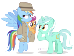 Size: 1300x975 | Tagged: safe, artist:dm29, lyra heartstrings, rainbow dash, scootaloo, g4, clothes, coat, hat, scroll, simple background, transparent background, trenchcoat, trio