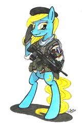 Size: 1258x1920 | Tagged: safe, artist:buckweiser, oc, oc only, oc:madame banane, beret, famas, french, gun, mascot, military, picatinny rail, rifle, solo, weapon