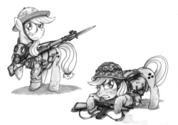 Size: 1024x719 | Tagged: safe, artist:buckweiser, applejack, g4, bayonet, gun, m1903, military, rifle, tommy gun, weapon