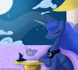 Size: 1500x1350 | Tagged: safe, artist:d-sixzey, princess luna, g4, crown, eyes closed, female, levitation, night, smiling, solo, teacup