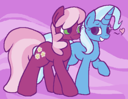 Size: 490x382 | Tagged: safe, artist:darkpiplup1, artist:foxesgoquack, artist:rareponypairings, cheerilee, trixie, earth pony, pony, unicorn, g4, duo, female, floating heart, heart, lesbian, mare, shipping, smiling, trixilee