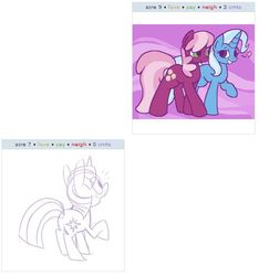 Size: 530x567 | Tagged: safe, cheerilee, trixie, twilight sparkle, g4, exploitable meme, female, heart, juxtaposition, juxtaposition win, lesbian, meme, shipping, surprised, trixilee