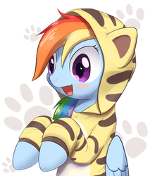 Size: 681x800 | Tagged: safe, artist:aymint, rainbow dash, big cat, cat, pegasus, pony, tiger, g4, animal costume, blush sticker, blushing, cat hoodie, cat's pajamas, clothes, costume, cute, dashabetes, female, hnnng, hoodie, kigurumi, mare, open mouth, pajamas, pixiv, rainbow cat, simple background, smiling, solo, white background