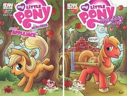 Size: 1267x951 | Tagged: safe, artist:agnes garbowska, idw, applejack, big macintosh, earth pony, pony, g4, applebucking, cart, comic cover, cover, male, stallion, tree