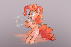 Size: 1095x730 | Tagged: safe, artist:saber-panda, pinkie pie, earth pony, pony, g4, cloud, cupcake, cute, diapinkes, eating, female, messy eating, nom, open mouth, pinkie being pinkie, sitting, sitting on a cloud, solo