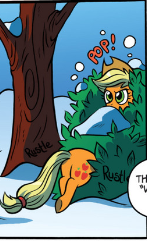 Size: 147x241 | Tagged: safe, idw, official comic, applejack, earth pony, pony, g4, spoiler:comic, butt, female, mare, plot, snow, tree