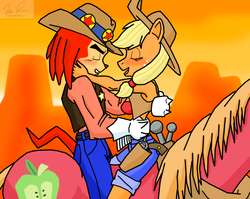Size: 1595x1268 | Tagged: safe, artist:sonigoku, applejack, big macintosh, earth pony, anthro, g4, appleknux, blushing, commission, crossover, crossover shipping, female, interspecies, knuckles the echidna, love, male, shipping, sonic the hedgehog (series), straight