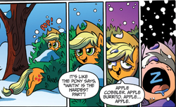 Size: 398x244 | Tagged: safe, idw, official comic, applejack, g4, spoiler:comic, butt, derp, plot, sleeping, snow, snowfall, zzz