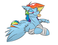 Size: 1000x777 | Tagged: safe, artist:cider, rainbow dash, g4, :p, bandage, bedroom eyes, ear piercing, female, floppy ears, fractured loyalty, piercing, prone, smiling, solo, spread wings, tongue out, tongue piercing, wing piercing