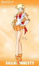 Size: 1693x2850 | Tagged: safe, artist:shinta-girl, applejack, human, g4, female, humanized, sailor honesty, sailor moon (series), sailor senshi, solo