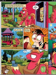 Size: 720x960 | Tagged: safe, artist:andy price, idw, official comic, big macintosh, granny smith, winona, dog, earth pony, pony, friendship is magic #9, g4, zen and the art of gazebo repair, spoiler:comic, ball, female, gazebo, male, mare, mouth hold, onomatopoeia, sleep talking, sleeping, sound effects, stallion, tail wag, toolbox, zzz