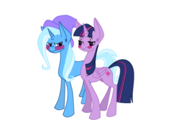 Size: 1024x768 | Tagged: dead source, safe, artist:alexcreations, trixie, twilight sparkle, alicorn, pony, unicorn, g4, blushing, duo, female, lesbian, mare, ship:twixie, shipping, simple background, transparent background, twilight sparkle (alicorn)