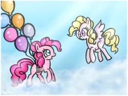 Size: 812x612 | Tagged: safe, artist:flarities, pinkie pie, surprise, g4, balloon, cloud, cloudy, then watch her balloons lift her up to the sky