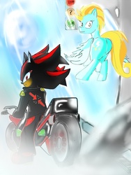 Size: 593x789 | Tagged: safe, artist:psyfteblue, lightning dust, g4, butt, crossover, male, motorcycle, plot, shadow the hedgehog, sonic the hedgehog (series)