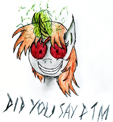 Size: 2666x2898 | Tagged: safe, artist:magical disaster, oc, oc only, oc:littlepip, pony, unicorn, fallout equestria, drugs, fanfic, fanfic art, female, glowing horn, horn, looking at you, magic, mare, party time mintals, red eyes, simple background, smiling, solo, teeth, text, white background