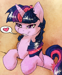 Size: 1264x1528 | Tagged: safe, artist:dimwitdog, twilight sparkle, pony, unicorn, g4, bedroom eyes, explicit source, female, fluffy, grin, heart, hooves, leaning, mare, pictogram, smiling, solo, speech bubble, table