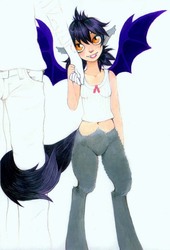 Size: 821x1205 | Tagged: safe, artist:-fuchs-, oc, oc only, oc:yuzu, bat pony, human, satyr, belly button, bottomless, clothes, fangs, grin, holding hands, looking up, smiling, tail hug