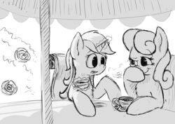 Size: 1000x707 | Tagged: dead source, safe, artist:fiddlearts, bon bon, lyra heartstrings, sweetie drops, g4, bon bon is amused, chair, grayscale, magic, monochrome, table, tea, telekinesis, umbrella