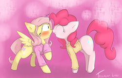 Size: 3600x2300 | Tagged: safe, artist:tesslashy, fluttershy, pinkie pie, g4, blushing, boop, clothes, cute, female, hoodie, lesbian, ship:flutterpie, shipping, shyabetes, wingboner