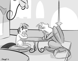 Size: 1280x1001 | Tagged: safe, artist:ribnose, gilda, oc, oc:trance sequence, earth pony, griffon, pony, g4, bored, grayscale, monochrome, restaurant