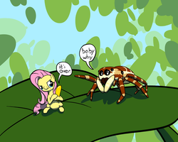 Size: 2500x2000 | Tagged: safe, artist:onsaud, fluttershy, spider, g4, breakup, duo, interspecies shipping, jumping spider, leaf, micro, tiny ponies