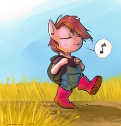 Size: 1151x1200 | Tagged: dead source, safe, artist:cobaltsnow, oc, oc only, oc:cherry, earth pony, anthro, anthro oc, backpack, boots, ear piercing, eyes closed, female, grass, music notes, pictogram, piercing, shoes, signature, solo, walking