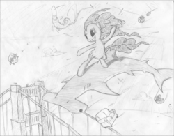 Size: 3250x2538 | Tagged: safe, artist:onsaud, pinkie pie, hammerhead shark, shark, g4, bridge, chest, computer, context is for the weak, couch, female, monochrome, pokémon, sketch, solo