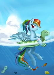 Size: 4120x5670 | Tagged: safe, artist:pridark, lyra heartstrings, rainbow dash, fish, sea pony, g4, absurd resolution, alternate hairstyle, bubble, cloud, crepuscular rays, feather, female, fins, floaty, flowing tail, horn, inner tube, mare, ocean, ponytail, seaponified, seapony lyra, species swap, spread wings, sunlight, swimming, tail, underwater, water, wings