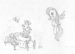 Size: 2491x1800 | Tagged: safe, artist:onsaud, fluttershy, bird, g4, bed, female, sketch, solo, sponge