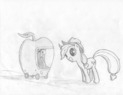 Size: 3260x2522 | Tagged: safe, artist:onsaud, applejack, worm, g4, apple, busytown, lowly worm, monochrome, sketch, traditional art, wide eyes