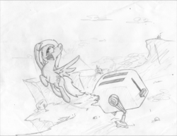Size: 3263x2516 | Tagged: safe, artist:onsaud, derpy hooves, pegasus, pony, robot, g4, badass, female, fight, flying, frown, mare, monochrome, open mouth, sketch, solo, spread wings, toaster, wat