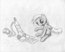 Size: 3135x2525 | Tagged: safe, artist:onsaud, derpy hooves, pegasus, pony, g4, female, mare, monochrome, pencil, pencil drawing, sketch, solo, tic tac toe, traditional art, vacuum cleaner