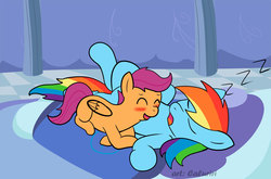 Size: 1200x792 | Tagged: safe, artist:caluriri, rainbow dash, scootaloo, pegasus, pony, g4, blushing, cute, cutealoo, dashabetes, duo, duo female, eyes closed, female, filly, foal, mare, sleeping, zzz