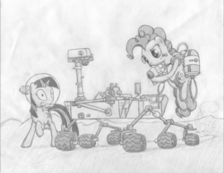 Size: 3060x2375 | Tagged: safe, artist:onsaud, pinkie pie, twilight sparkle, earth pony, pony, robot, unicorn, g4, gun, jetpack, mars rover, monochrome, sketch, space helmet, unicorn twilight