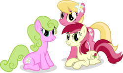 Size: 4083x2439 | Tagged: safe, artist:vector-brony, daisy, flower wishes, lily, lily valley, roseluck, earth pony, pony, g4, background pony, female, flower, flower in hair, flower trio, high res, lily (flower), mare, prone, shadow, show accurate, simple background, sitting, transparent background, trio, trio female, vector