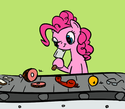 Size: 634x556 | Tagged: safe, artist:onsaud, pinkie pie, g4, chopping, cleaver, conveyor belt, female, glasses, knife, lime, mall, meat, phone, solo