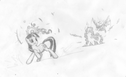 Size: 2575x1575 | Tagged: safe, artist:onsaud, twilight sparkle, duck, g4, angry, feather, fight, flapping, flying, gritted teeth, magic, monochrome, raised hoof, sketch, teleportation, wide eyes