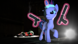 Size: 1920x1080 | Tagged: safe, artist:d0ntst0pme, twilight sparkle, zombie, g4, 3d, dual wield, future twilight, gmod, gun, magic, pistol, suppressor, weapon