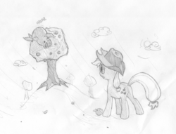 Size: 2416x1841 | Tagged: safe, artist:onsaud, applejack, earth pony, elephant seal, pony, seal, g4, apple, female, monochrome, sketch, solo, tree