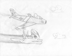 Size: 3266x2532 | Tagged: safe, artist:onsaud, rainbow dash, g4, f-86 sabre, flying, jet, monochrome