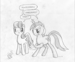 Size: 2579x2144 | Tagged: safe, artist:onsaud, bon bon, lyra heartstrings, sweetie drops, g4, horseshoes, monochrome, sketch