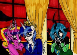 Size: 1353x969 | Tagged: safe, artist:newyorkx3, princess cadance, queen chrysalis, shining armor, anthro, g4, biting, clothes, crown, crying, dress, grin, gritted teeth, looking at you, prom, sad, smiling, suit, traditional art