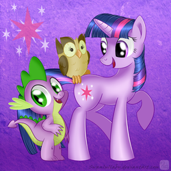 Size: 700x700 | Tagged: safe, artist:swanlullaby, owlowiscious, spike, twilight sparkle, bird, dragon, owl, pony, unicorn, g4, owl's well that ends well, abstract background, female, male, mare, open mouth, palindrome get, raised hoof, unicorn twilight