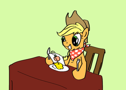 Size: 942x677 | Tagged: safe, artist:onsaud, applejack, g4, apple, chair, female, fork, lemon, solo, table