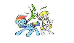 Size: 1280x752 | Tagged: safe, artist:onsaud, derpy hooves, rainbow dash, pegasus, pony, g4, energy weapon, female, hooves, lightsaber, mare, simple background, star wars, sword, weapon, white background, wings